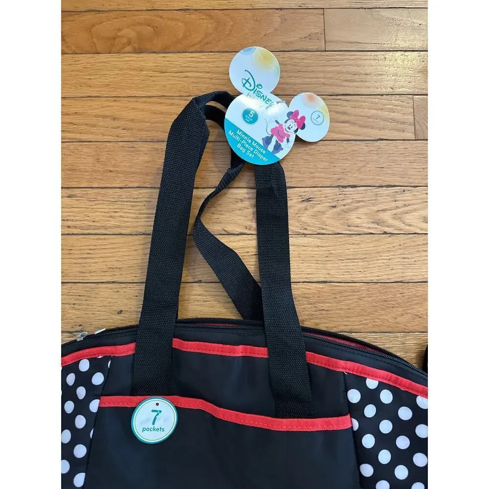 Disney Baby Minnie Mouse Diaper Bag 5 Piece Set Black Polka Dot Tote
